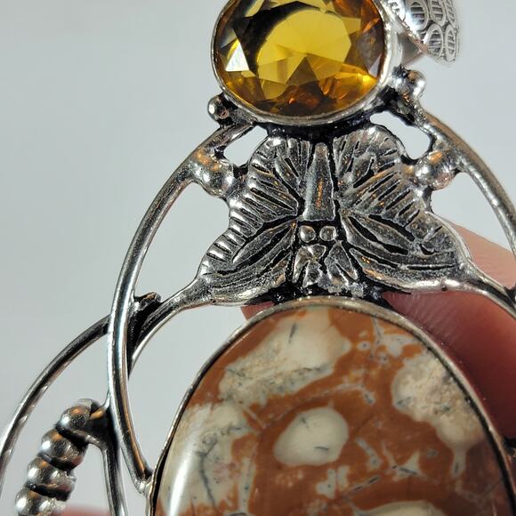 Leopard Jasper Pendant Necklace – With Citrine Accents + 20" Silver Chain - Picture 9 of 10